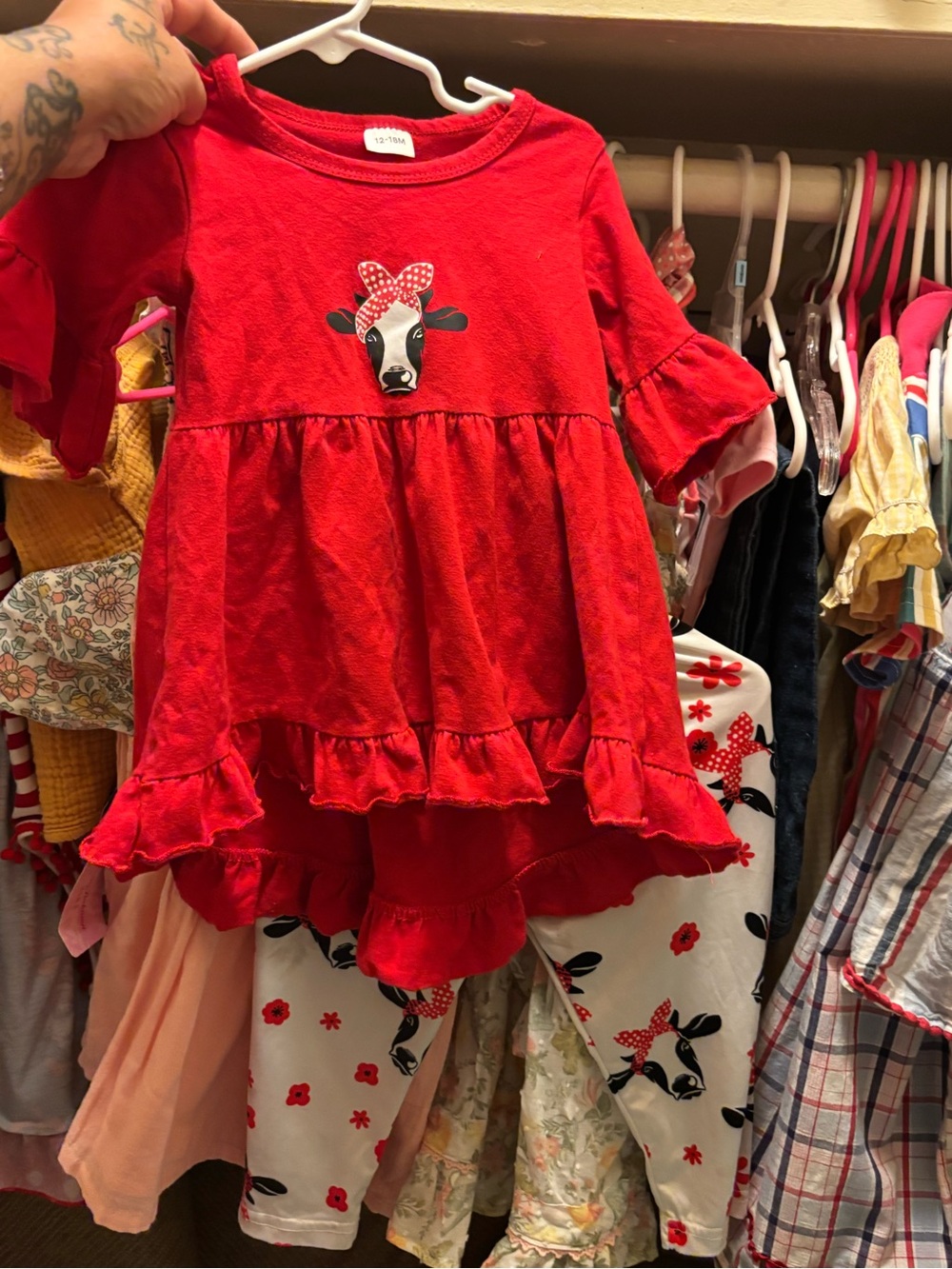 Red Toddler Dress & Cow Print Leggings Set